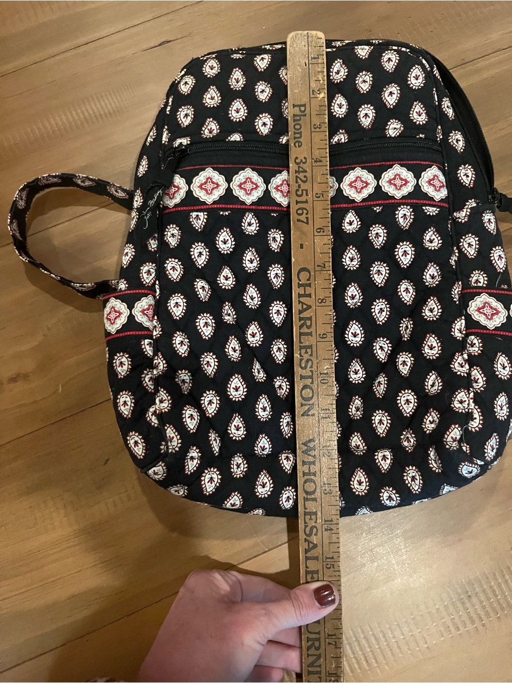 Vera Bradley Black Quilted Backpack with Cream and Red Accents - Picture 6 of 7
